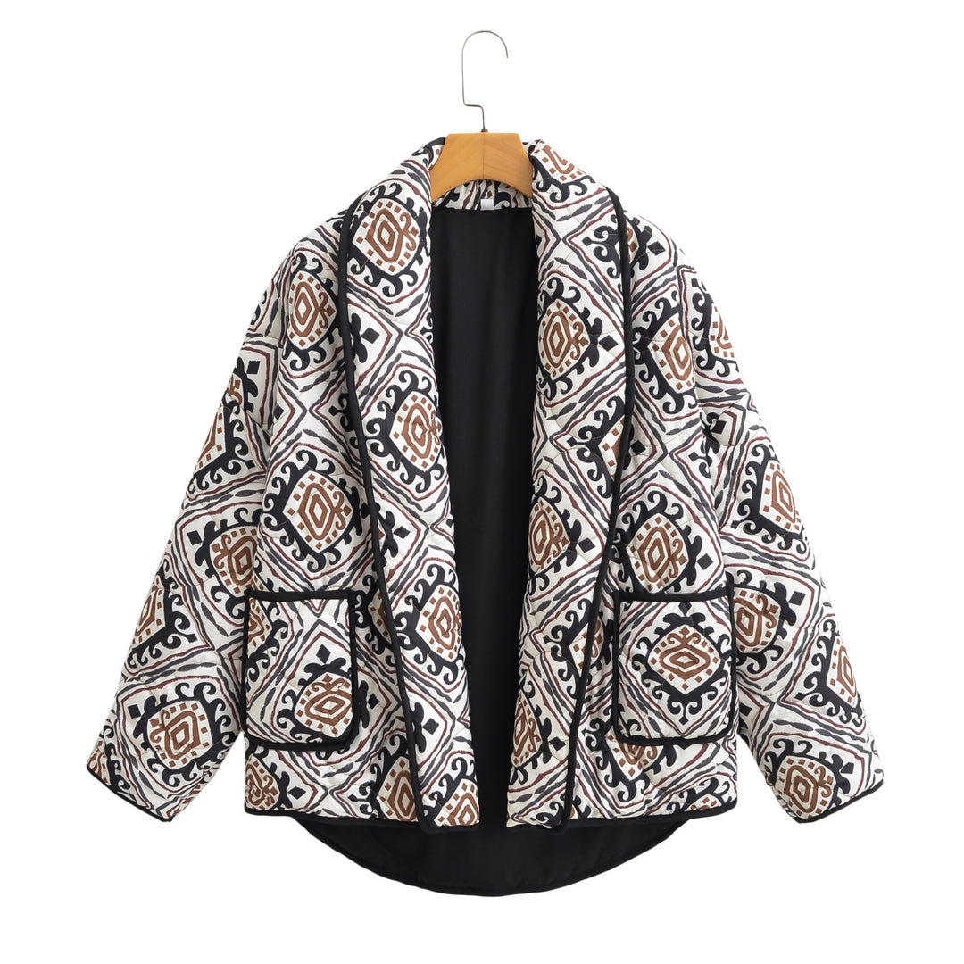 Women's Quilted Kimono Jacket with Waist Belt and Ethno Pattern