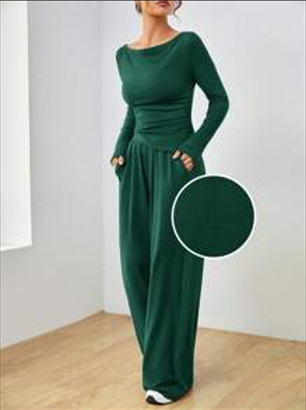Women's Casual Two-Piece Lounge Set with Boat Neck, Tailored Draping and Wide Palazzo Pants Mune Fashion
