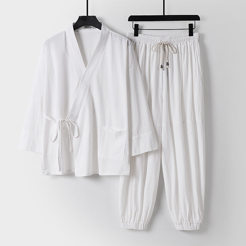 Unisex Relaxed Kimono Set with Wrap Jacket, Three-Quarter Sleeves and Elastic Cord Drawstring Pants Mune Fashion