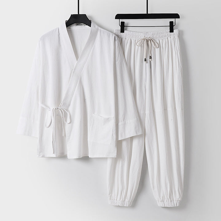Unisex Relaxed Kimono Set with Wrap Jacket, Three-Quarter Sleeves and Elastic Cord Drawstring Pants Mune Fashion