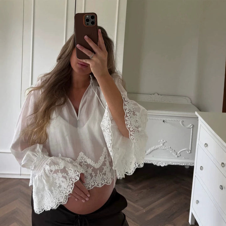 Women's Transparent Lace Blouse Top with Bell Sleeves and Crochet Trim Mune Fashion