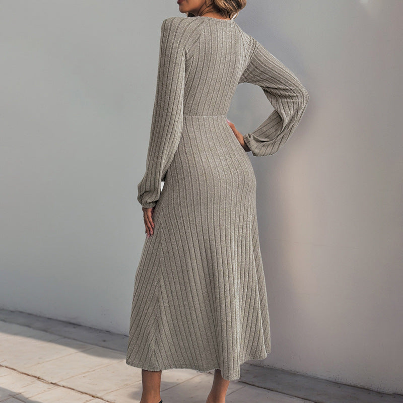 Women's Ribbed Wrap Midi Dress with V-Neck, Balloon Sleeves & Button Placket Mune Fashion