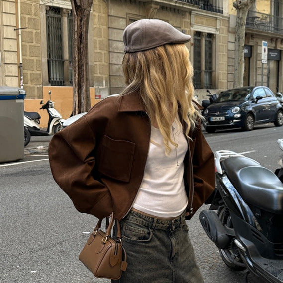 Ladies Short Suede Look Jacket with Zipper and Oversized Sleeves Mune Fashion