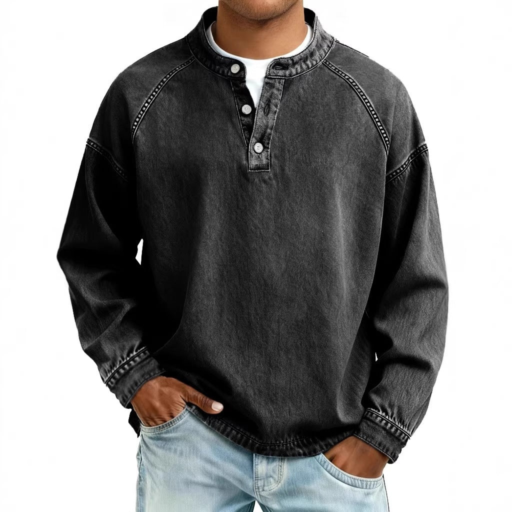Men's Long Sleeve Henley Sweatshirt with Stand-Up Collar and Vintage Denim Effect Mune Fashion