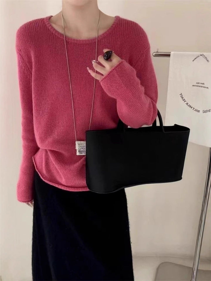 Women Light Oversize Fine Knit Sweater with Round Neck, Subtle Sheer Effect and Rounded Hem Mune Fashion