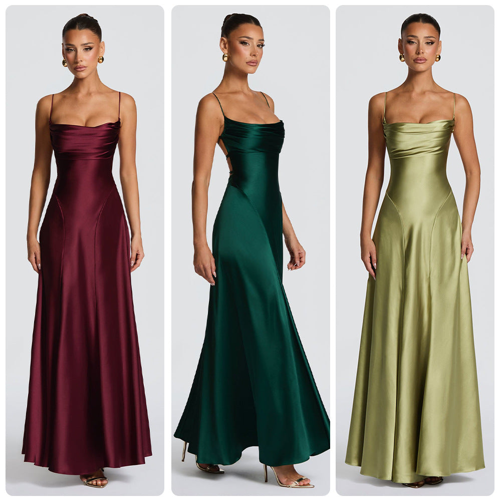 Ladies Elegant Maxi Dress with refined spaghetti straps and flowing satin Mune Fashion