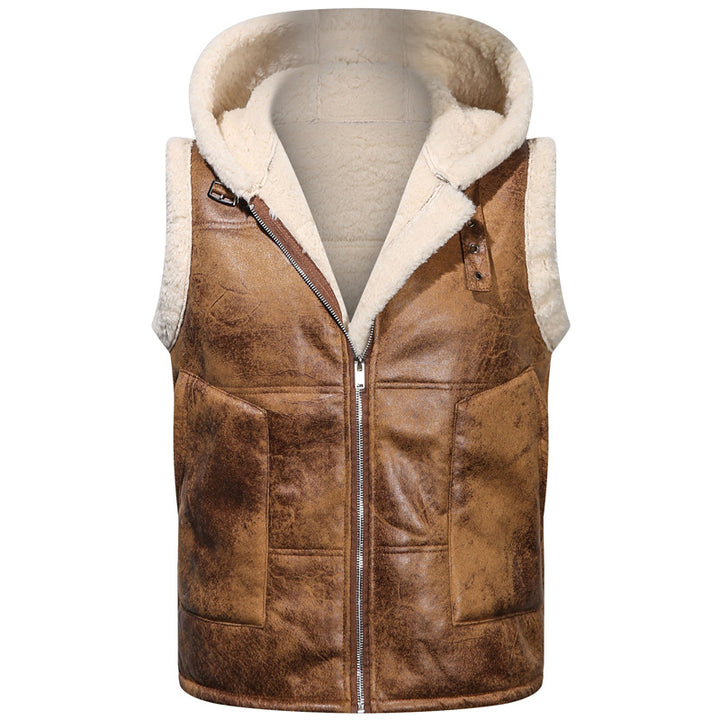 Men's Sleeveless Lambskin Imitation Vest with Hood and Continuous Zipper Mune Fashion