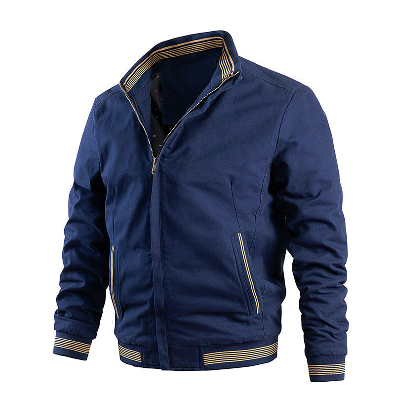 Men's Lightweight Cotton Blend Bomber Jacket with Striped Ribbed Cuffs and Stand-up Collar Mune Fashion