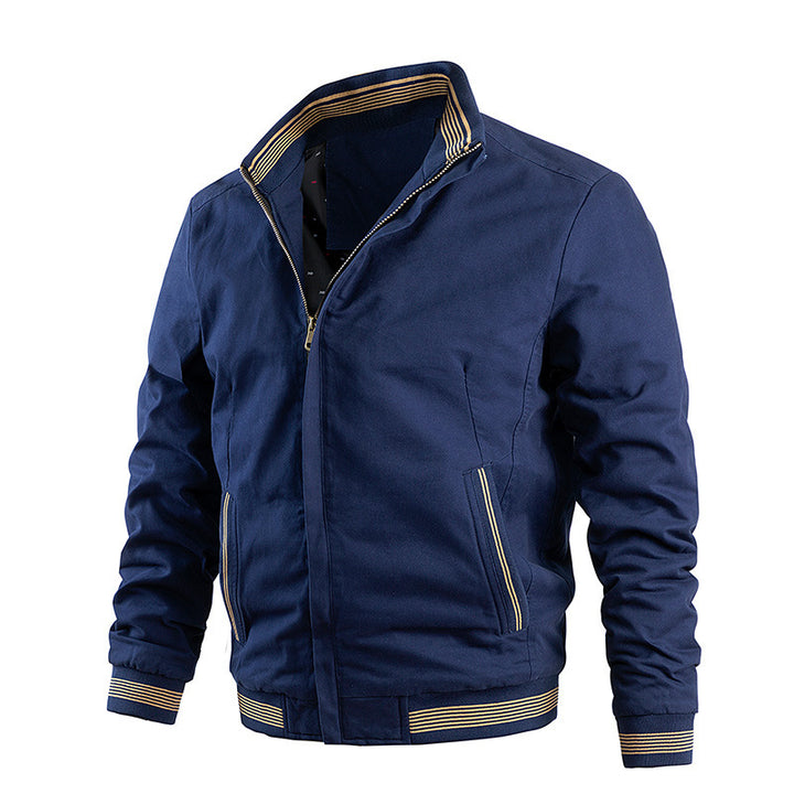 Men's Lightweight Cotton Bomber Jacket with Striped Ribbed Cuffs and Hidden Zip Front Mune Fashion