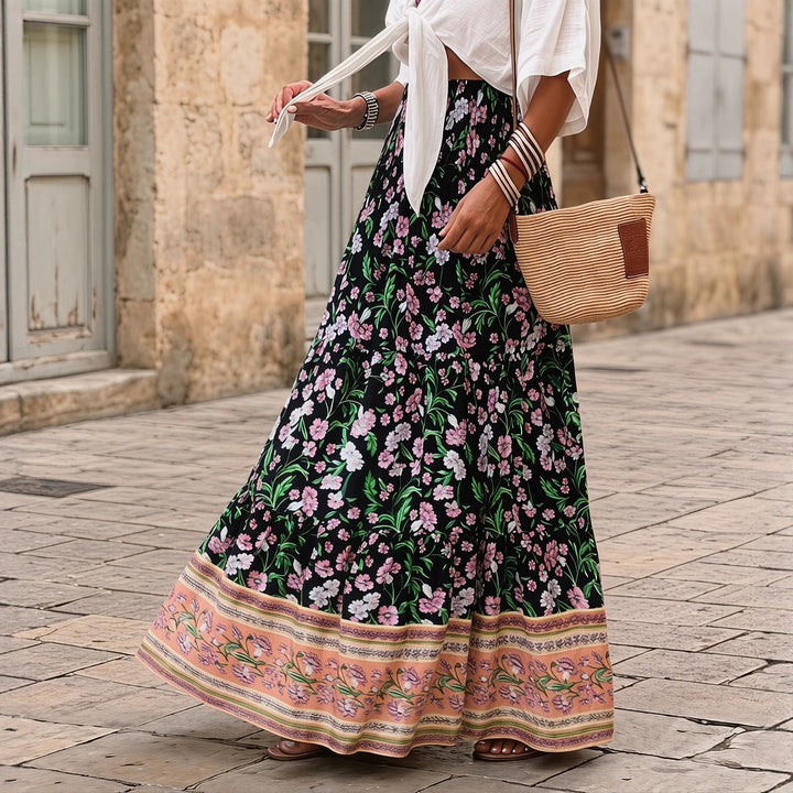 Women's layered maxi skirt with floral print, elastic smocked waistband and ruffle edges Mune Fashion