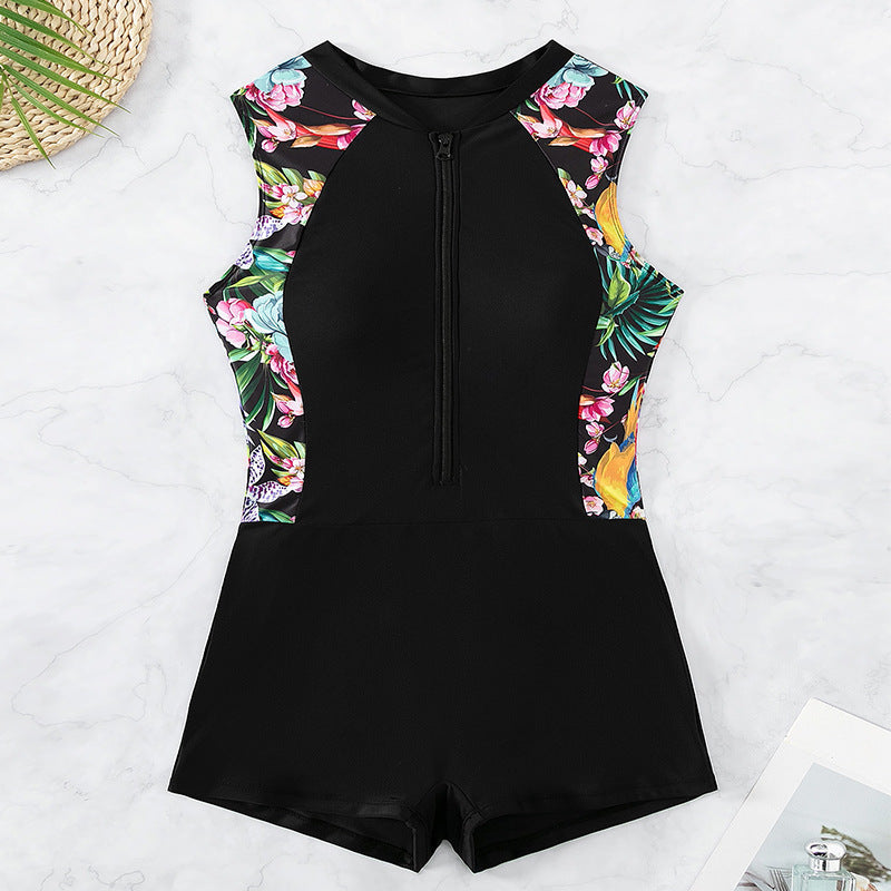 Ladies Stylish Swimsuit with Floral Pattern and Zipper Mune Fashion