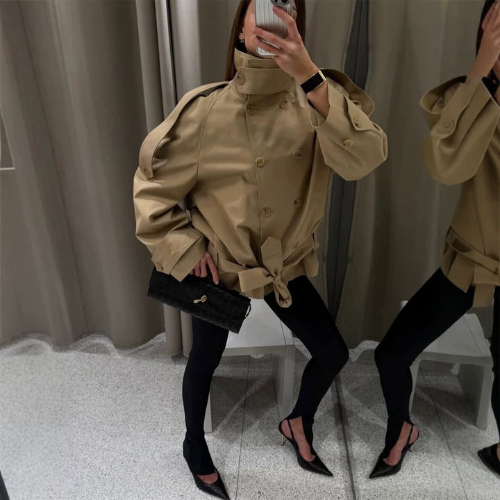 Women Short Trench with High Stand Collar, Double-Breasted Button Placket & Waist Belt Mune Fashion
