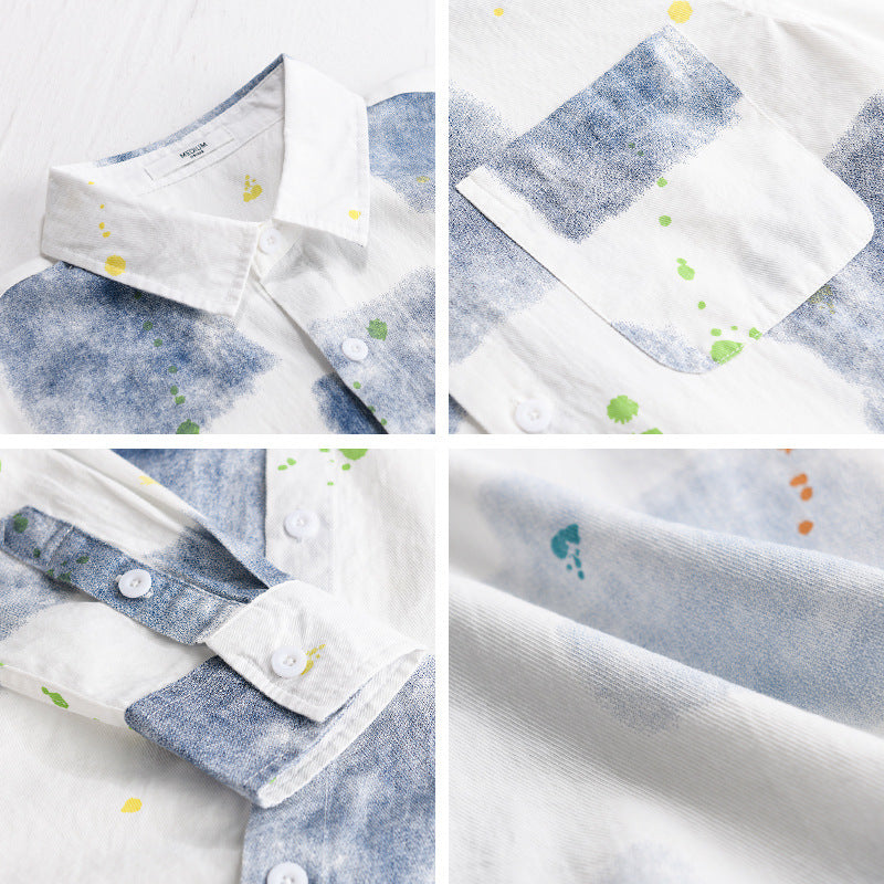 Men's Lightweight Cotton Shirt Relaxed-Fit with Artistic Speckle and Watercolor Patch Print Mune Fashion