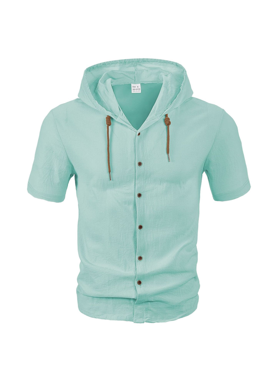 Men's short-sleeve hooded shirt with natural fiber texture, button-up front, and drawstring Mune Fashion