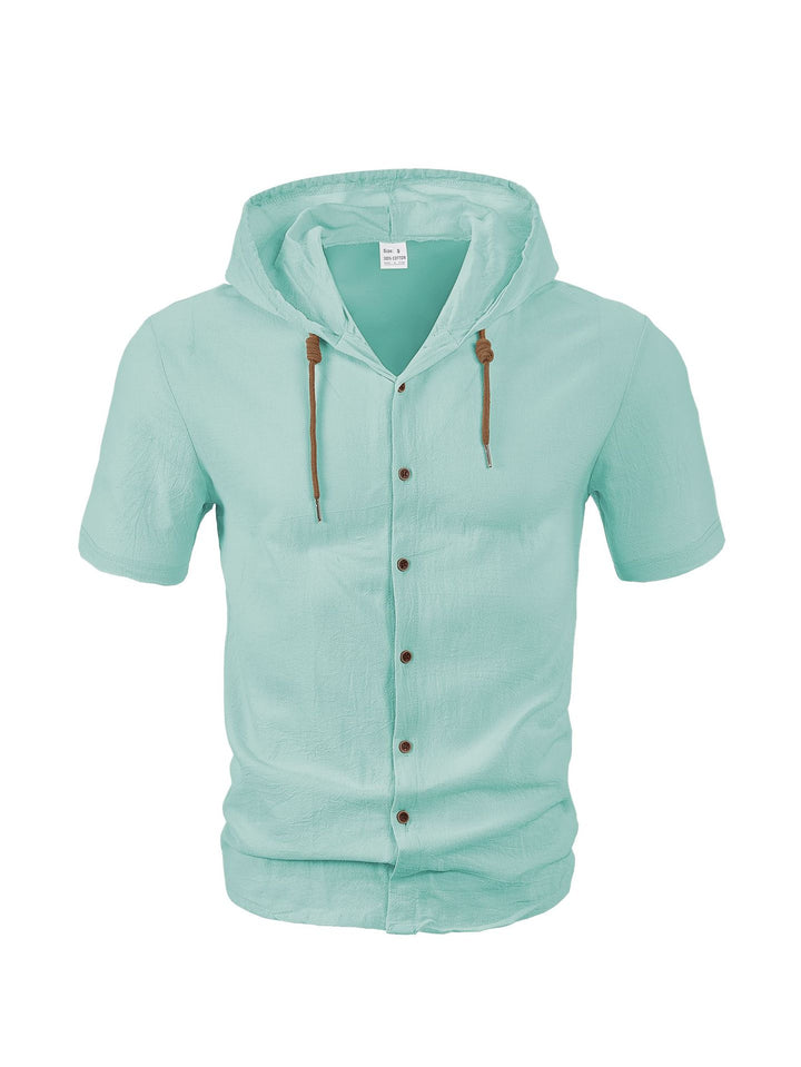Men's short-sleeve hooded shirt with natural fiber texture, button-up front, and drawstring Mune Fashion
