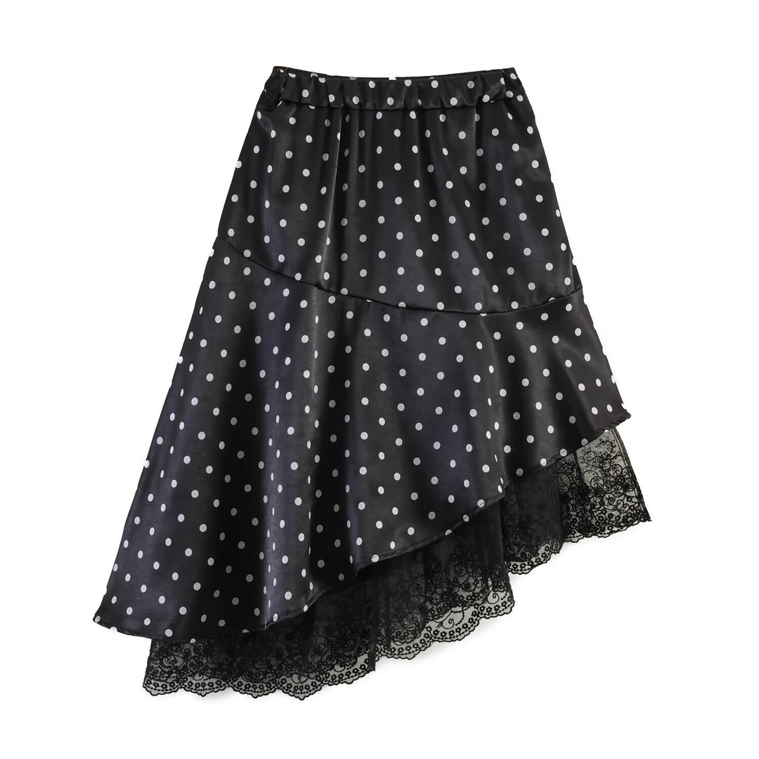 Women's Asymmetric Tiered Skirt with Ruffles, Dots, and Lace Trim Mune Fashion