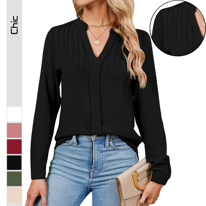 Ladies Fine Viscose Long Sleeve Blouse with Knife Pleats at the Top and Concealed Button Placket Mune Fashion
