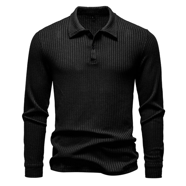 Men's Waffle Knit Polo Shirt with Half Button Placket and Shirt Collar Mune Fashion