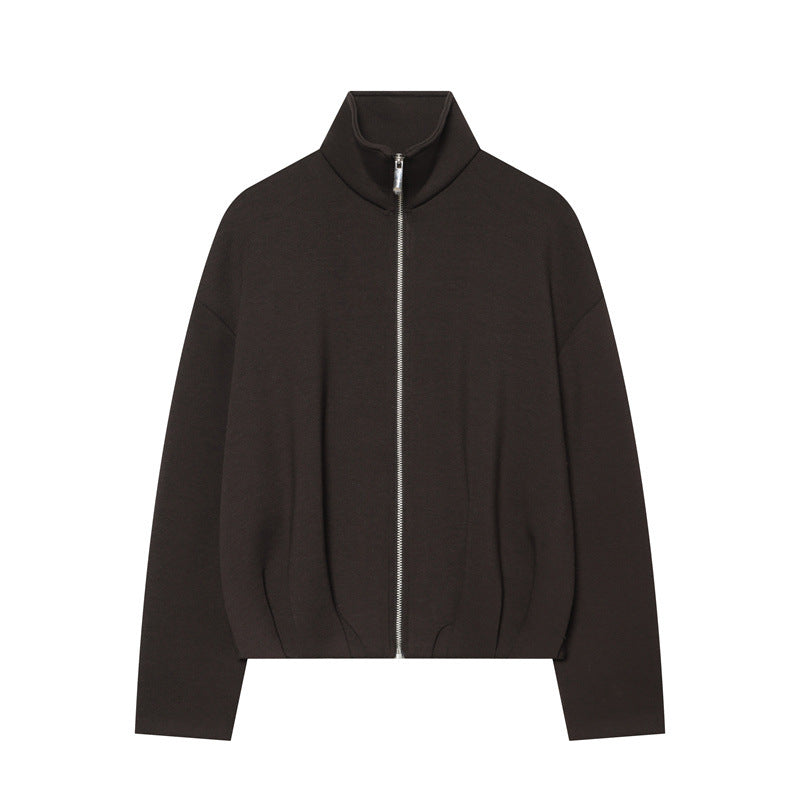 Women Boxy Cropped Stand Collar Cardigan with Full Zip and Dropped Shoulder Mune Fashion