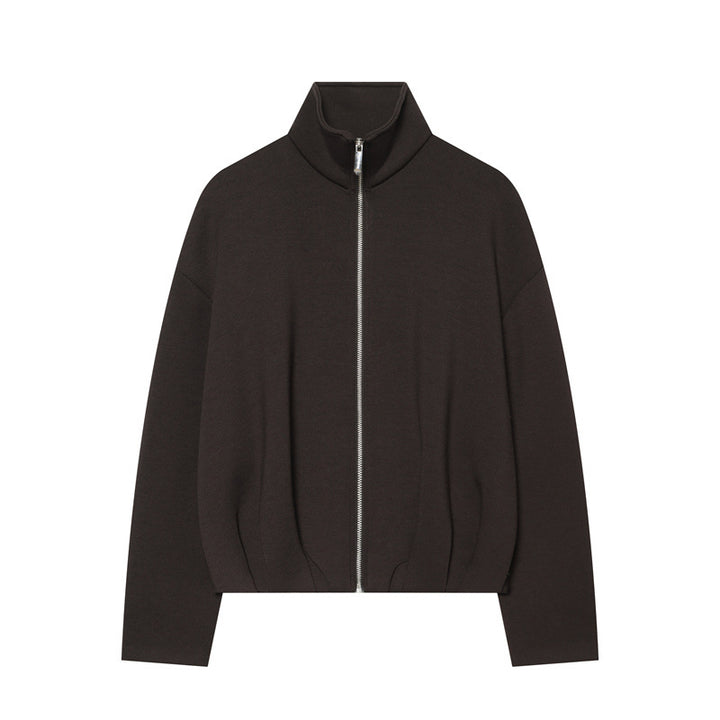 Women Boxy Cropped Stand Collar Cardigan with Full Zip and Dropped Shoulder Mune Fashion