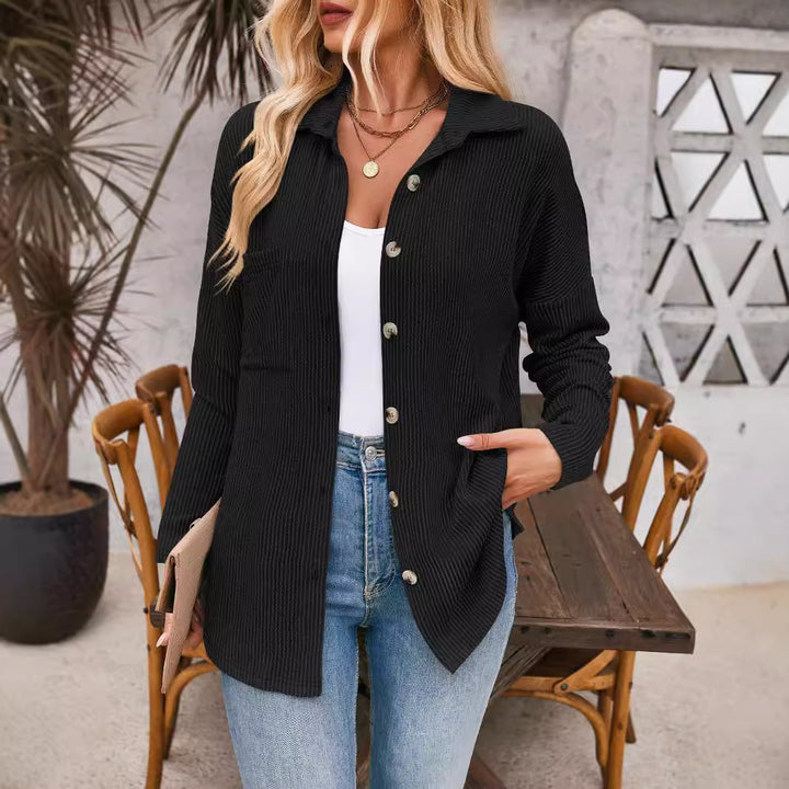 Women's Ribbed Oversized Shirt Jacket with Full Button Placket and Shirt Collar Mune Fashion