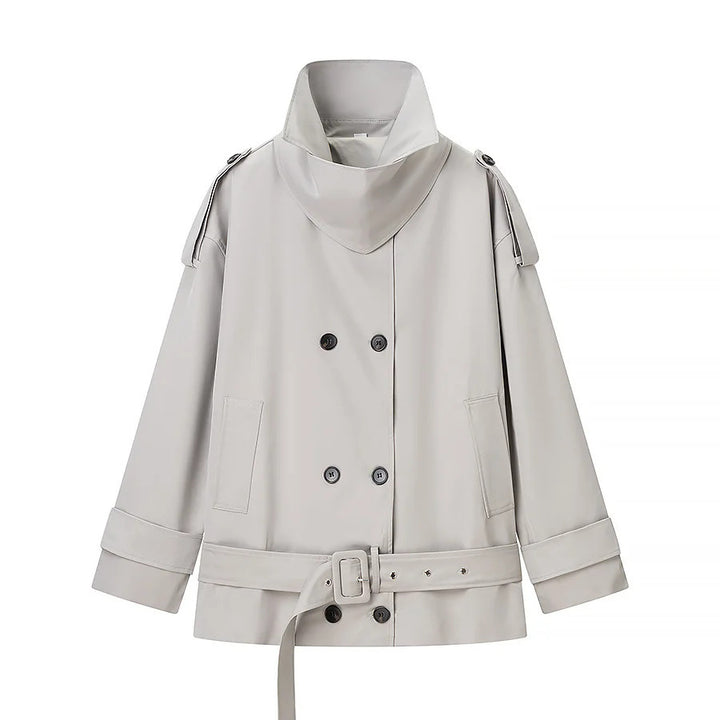 Women's short cut double-breasted trench coat with waist belt and high stand-up collar Mune Fashion