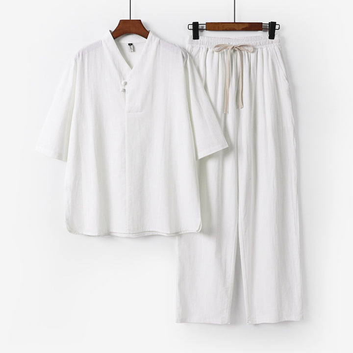 Men's Two-Piece Lightweight Loungewear Set with Stand Collar Short Sleeve Shirt and Drawstring Pants Mune Fashion
