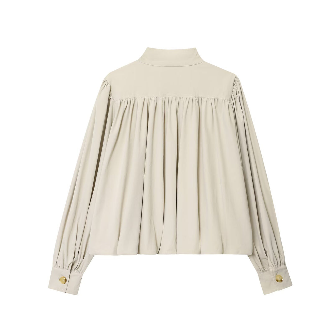 Women's Voluminous Cropped Blouse with Stand Collar, Gatherings and Elastic Hem Mune Fashion
