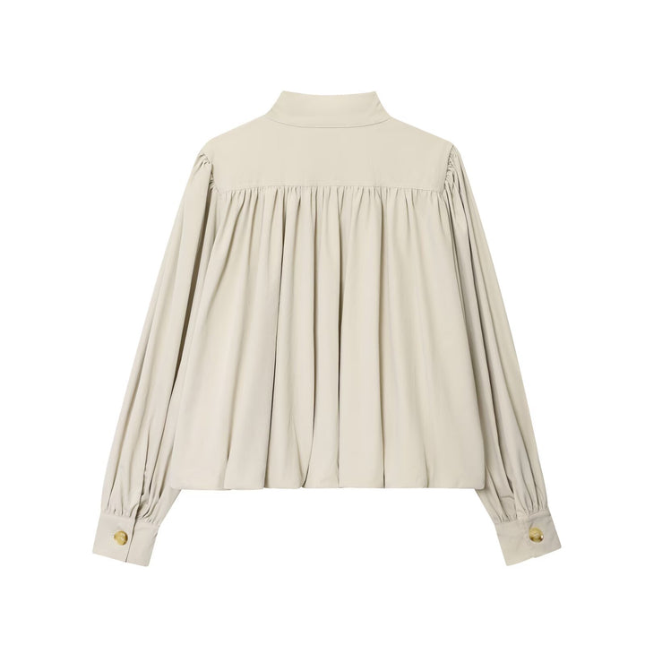 Women's Voluminous Cropped Blouse with Stand Collar, Gatherings and Elastic Hem Mune Fashion