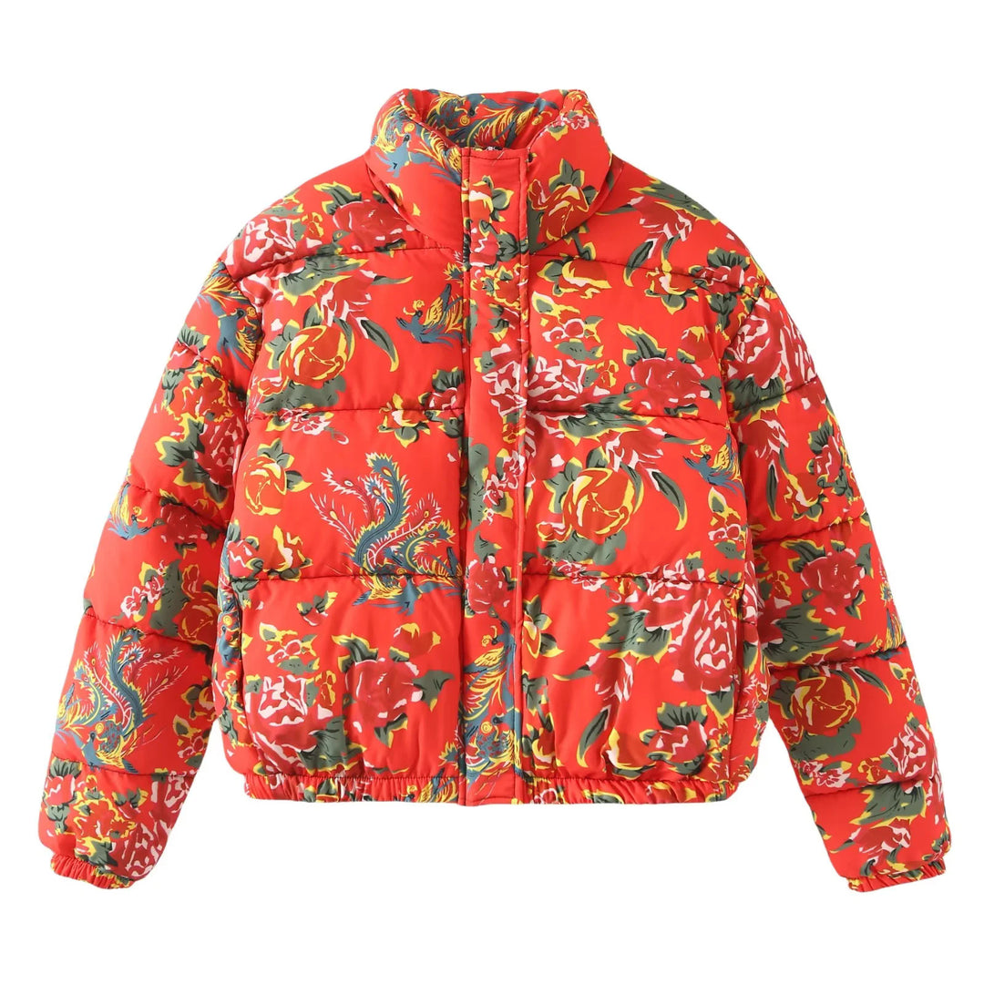 Women's quilted down look quilted jacket with floral all-over print, stand-up collar, and elastic hem Mune Fashion