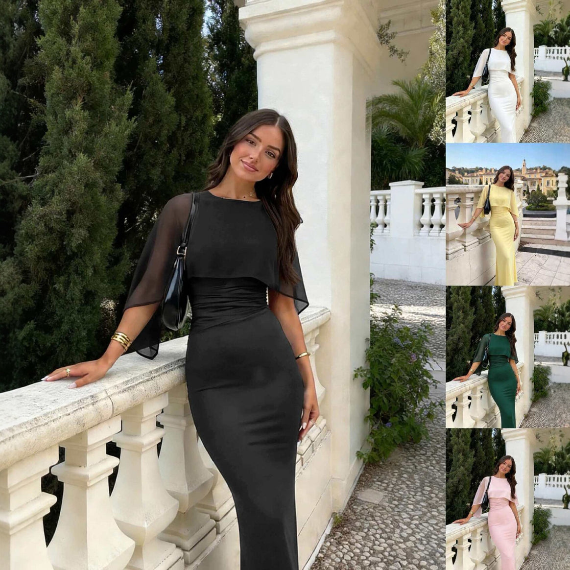 Women Figure-hugging Midi Dress with Chiffon Cape Mune Fashion