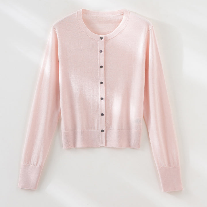 Women's light fine knit cardigan in cropped cut with round neck and continuous button placket Mune Fashion