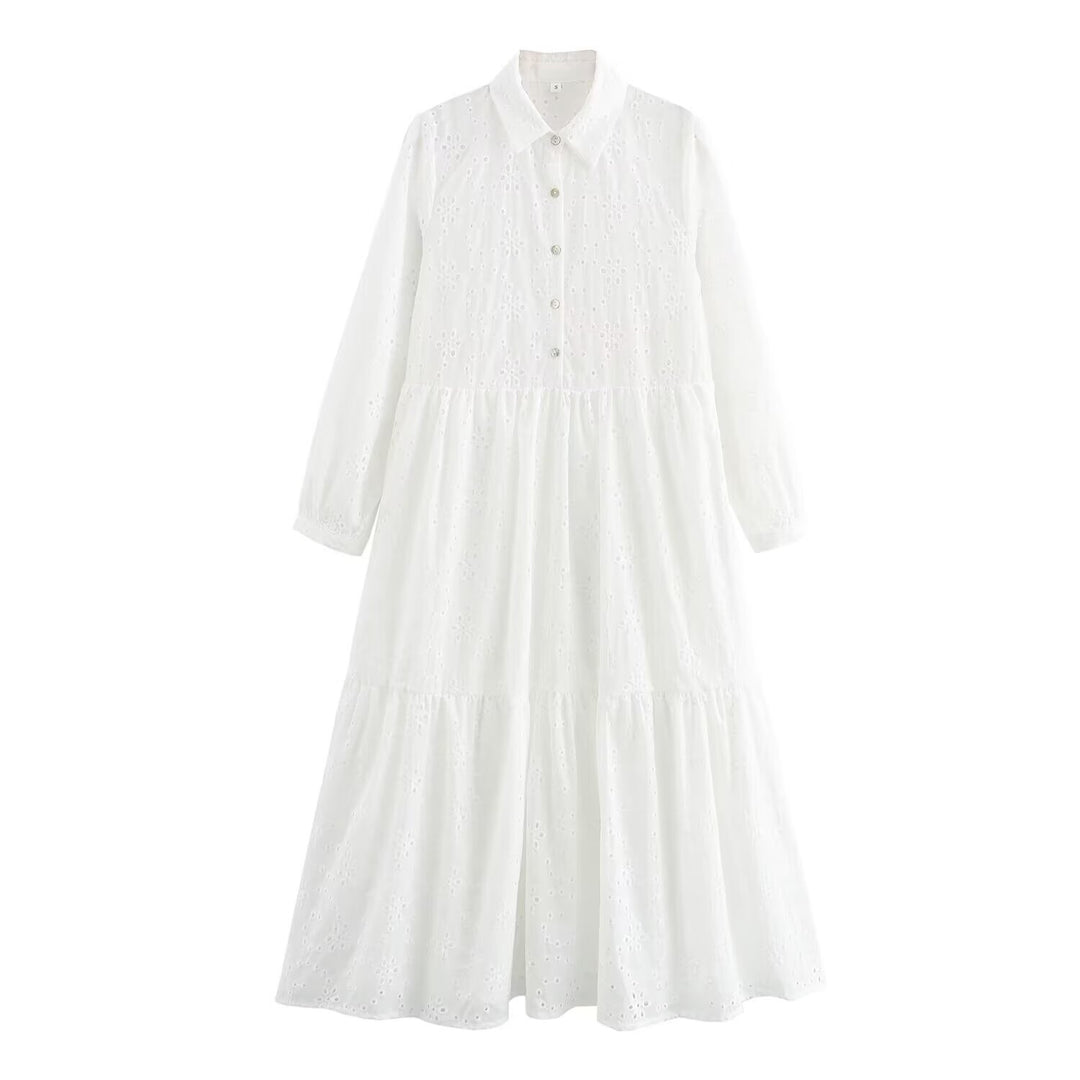 Women Broderie-Anglaise Shirt Dress with Tiered Skirt Mune Fashion