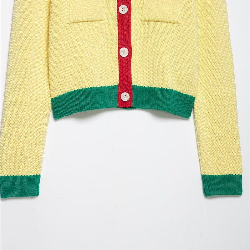 Women Short Chunky Knit Cardigan with Contrast Trims and Decorative Flap Pockets Mune Fashion