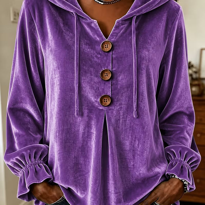 Women's Velvet Hoodie with Wooden Button Placket, Drawstring and Gathered Sleeves Mune Fashion