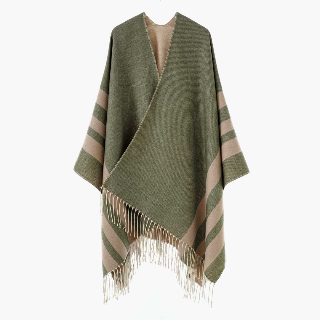 Women's Large Wool Blend Fringe Poncho with Diagonal Contrast Stripes Mune Fashion