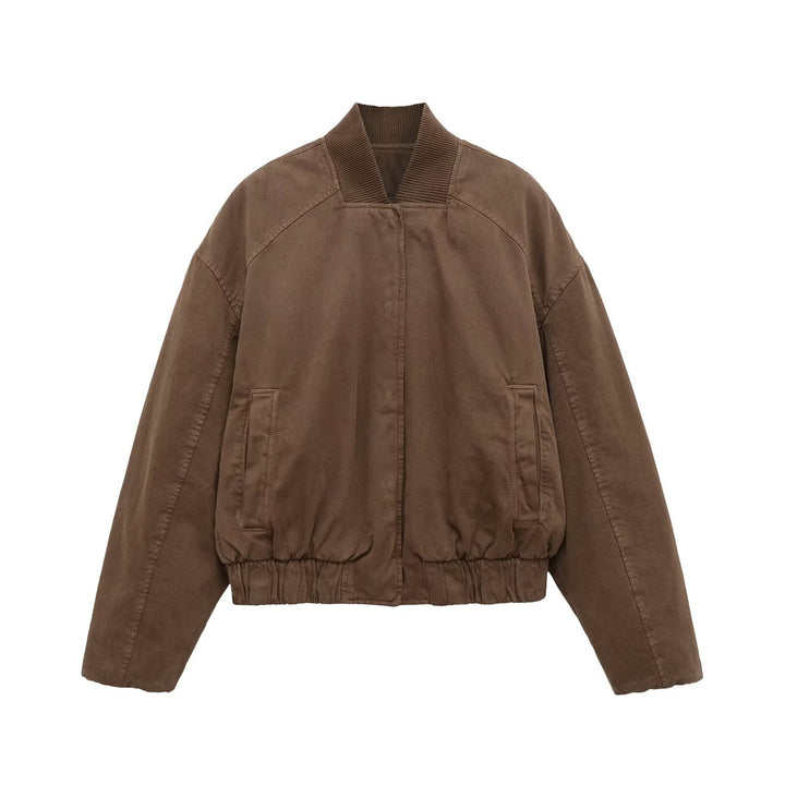 Women's Oversized Bomber Jacket with Gathered Hem and Ribbed Collar Mune Fashion