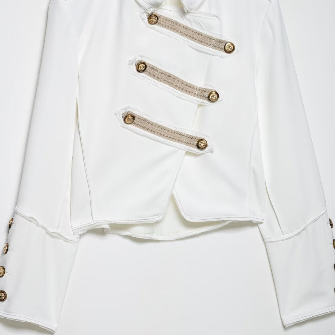 Ladies short jacket in military style with asymmetrical decorative strip, shoulder epaulettes and gold buttons Mune Fashion