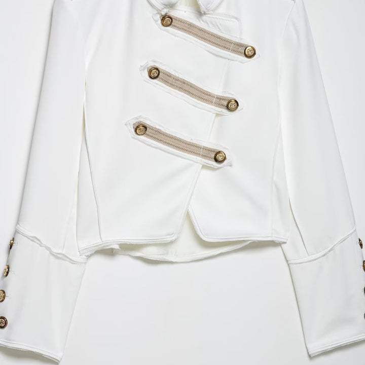 Ladies short jacket in military style with asymmetrical decorative strip, shoulder epaulettes and gold buttons Mune Fashion