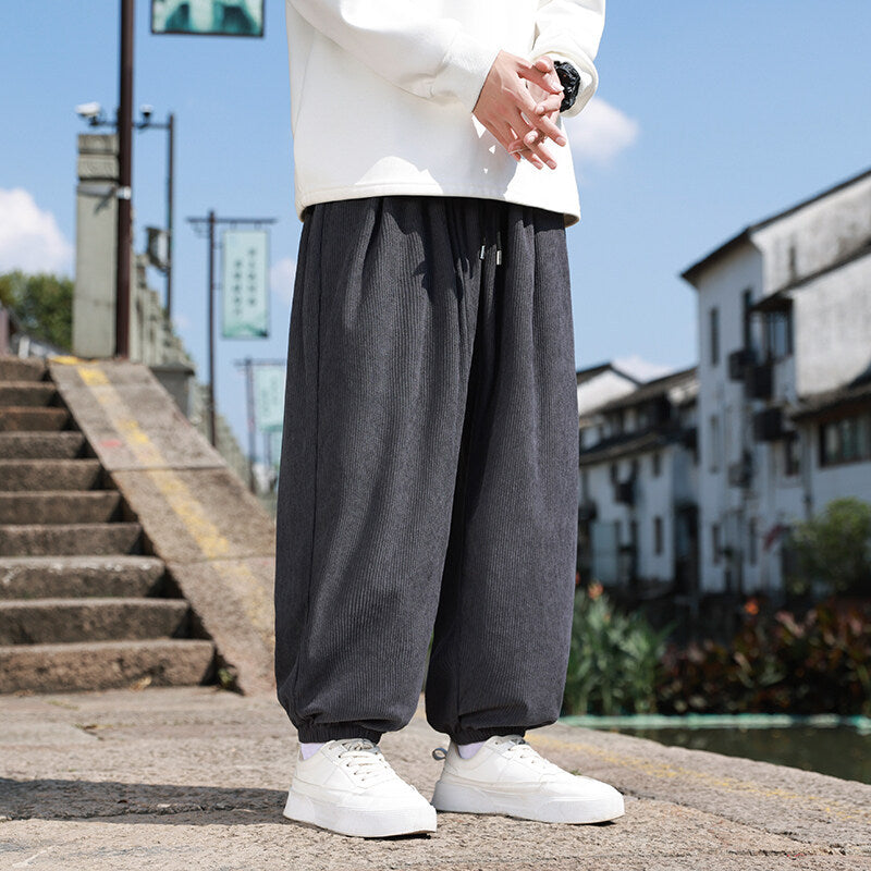 Men's Wide Cord Lounge Pants with Drawstring, Ribbed Cord Structure and Elastic Cuffs Mune Fashion