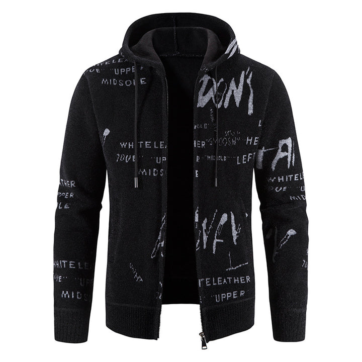 Men's knitted hooded jacket with full-length zipper, graphic all-over print, and side pockets Mune Fashion