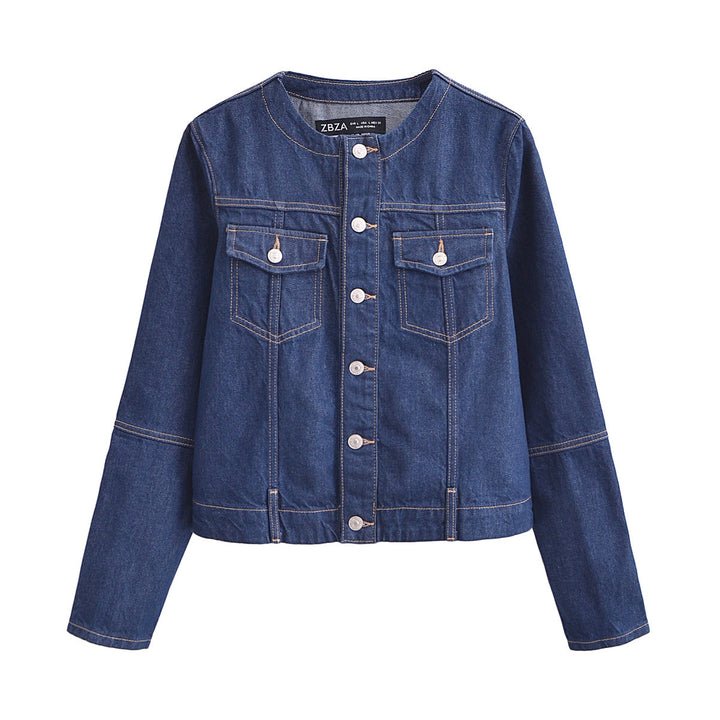 Women's Nan Lightweight Denim Jacket with Round Neck, Full Button Placket and Patch Chest Pockets Mune Fashion