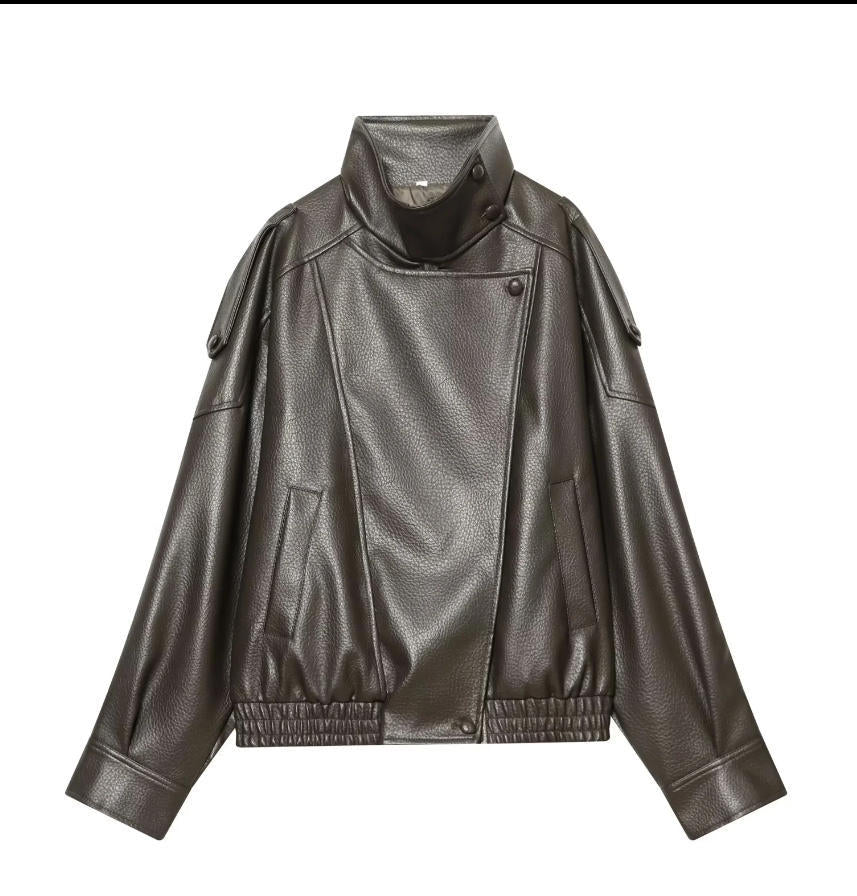 Women's Cropped Faux Leather Bomber with Asymmetric Snap Placket and Funnel Neck Mune Fashion