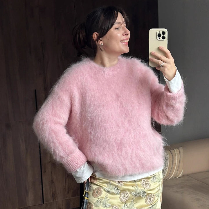 Women's Oversized Mohair Sweater with Fluffy Texture and Round Neckline Mune Fashion