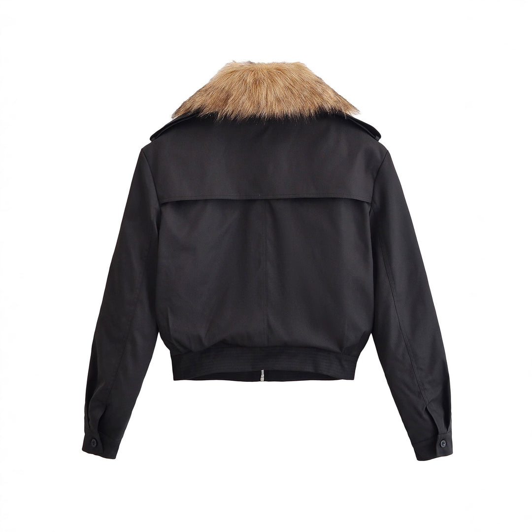 Ladies Short Bomber Jacket with Removable Faux Fur Collar Mune Fashion