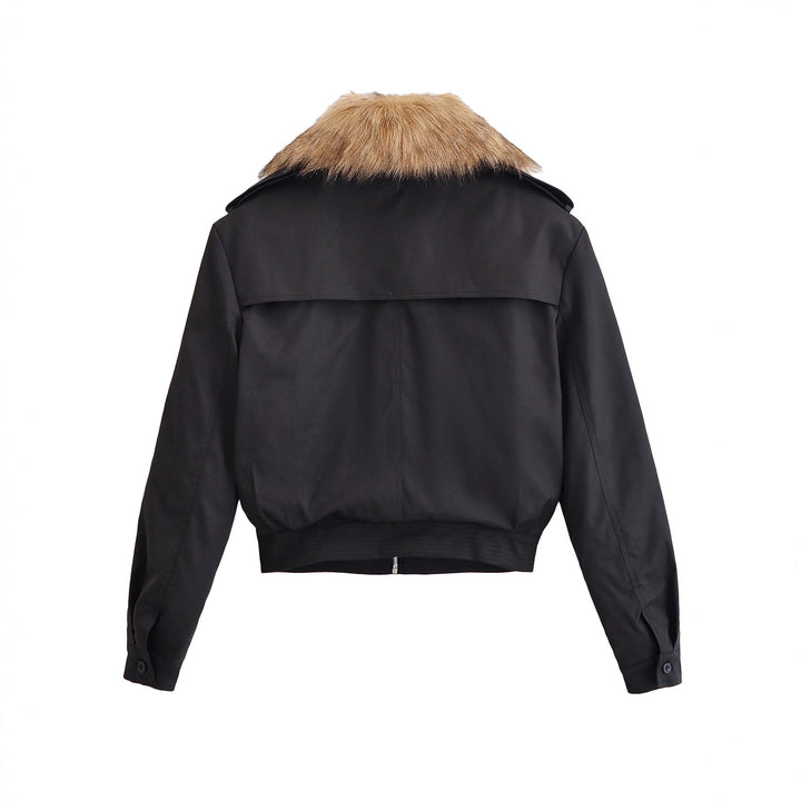 Ladies Short Bomber Jacket with Removable Faux Fur Collar Mune Fashion