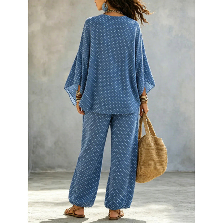 Ladies Boho Lounge Set with wide V-neck, batwing sleeves and elastic waistband palazzo pants Drune