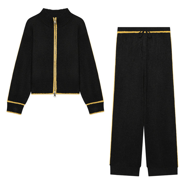 Women Two-Piece Knit Loungewear Set with Short Zip Cardigan and High Waist Palazzo Pants Mune Fashion