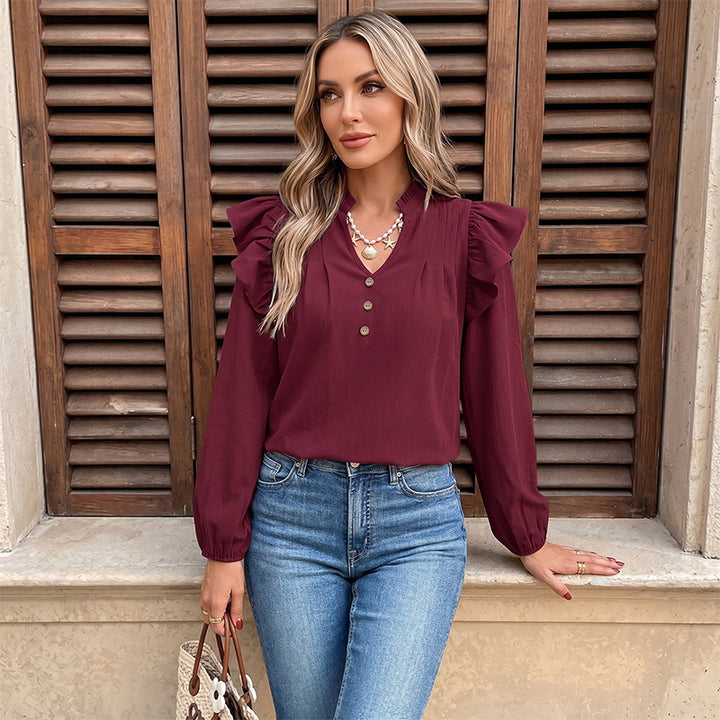 Women Playful Blouse with Ruffle Sleeves and Button Details Mune Fashion