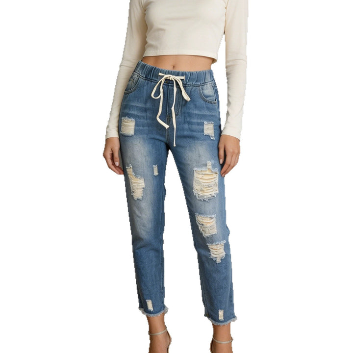 Women nan loose Destroyed-Denim Jogger with elastic drawstring waistband and frayed ankle hem Mune Fashion